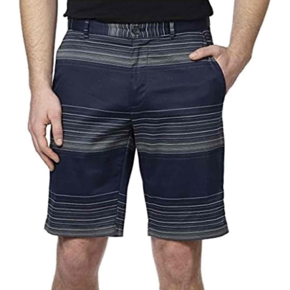 Calvin Klein Shorts Men 36 Cadet Navy Stripe Stretch Flat Front Button Belted‎